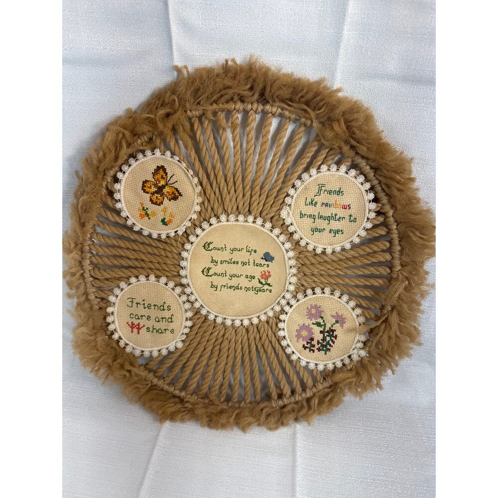 Cross Stitch "friends care and share" 5 in a 14" circle Vintage